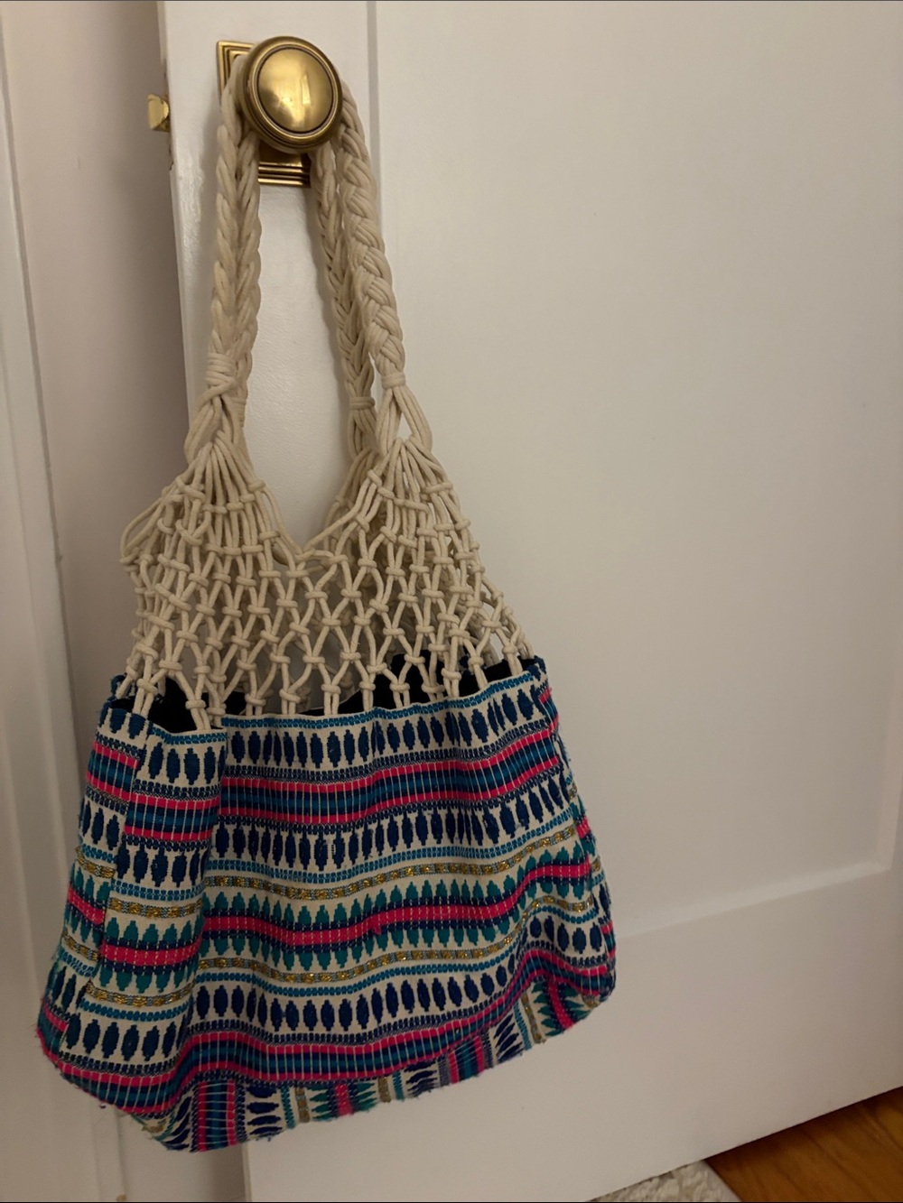 Boho Net-Top Tote Bag in Cream with Multicolor Pattern